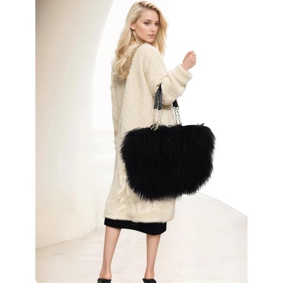 Black Fur Tote Bag Curly Lamb Hair Plush Large with Leather Handles - Picture 2 of 8